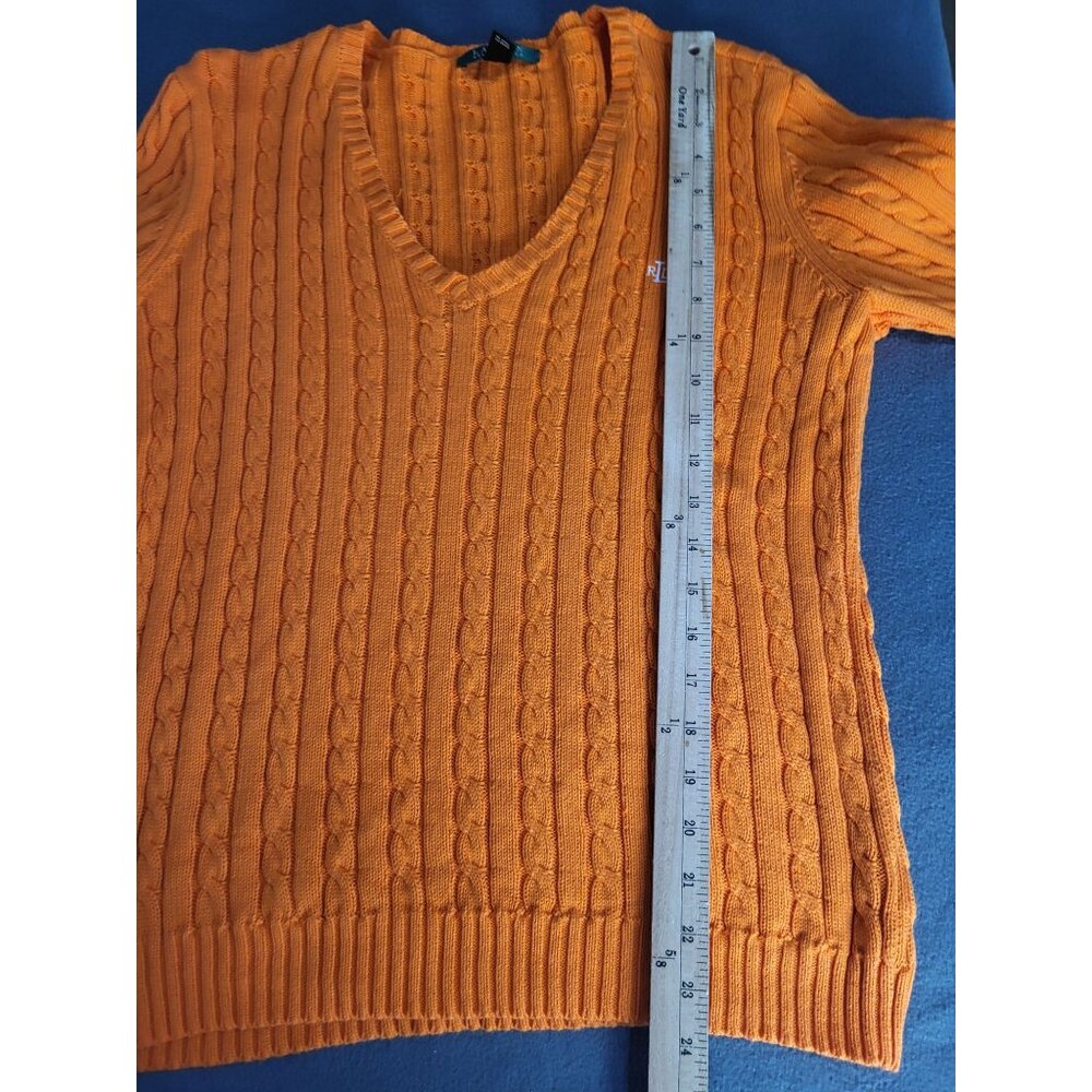Lauren Ralph Lauren LG V Neck Cable Knit Sweater Tennis Preppy Academia Orange - Picture 6 of 6